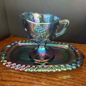 Vintage Indiana Blue Carnival Glass Creamer & Tray Iridescent Harvest Grape